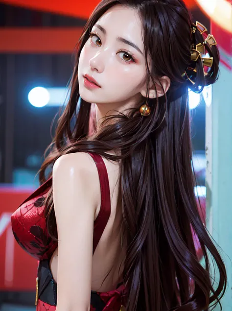 fantasy anime, , depth of field, Masterpiece, intricate, hyper detailed, , bokeh, high resolution, sharp detail, best quality, depth of field,
1girl, black hair, (red:0.82) colored inner hair red, looking at viewer,
hair ornament, , dynamic pose, earrings, , neon in station, night, , (from front:1.3),
<lora:DakiV4:0.6> dakiv4, tied hair,