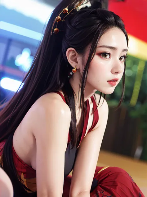 fantasy anime, , depth of field, Masterpiece, intricate, hyper detailed, , bokeh, high resolution, sharp detail, best quality, depth of field,
1girl, black hair, (red:0.82) colored inner hair red, looking at viewer,
hair ornament, , dynamic pose, earrings, , neon in station, night, , (from front:1.3),
<lora:DakiV4:0.6> dakiv4, tied hair,