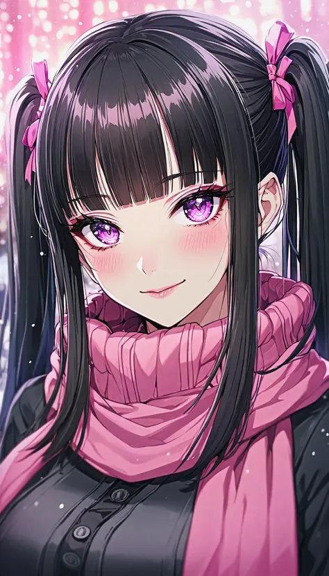 1girl, solo, black long hair, twintails, blunt bangs, pink ribbon, black hair, purple eyes, long eyelashes, red eyeliner,
large breasts, (jirai kei:1.2)
pink scarf,looking at viewer,blush,black and pink theme winter clothes,black coat,blurry,
seductive smile,
Winter city, snowing,
game cg, absurdres, highres,
