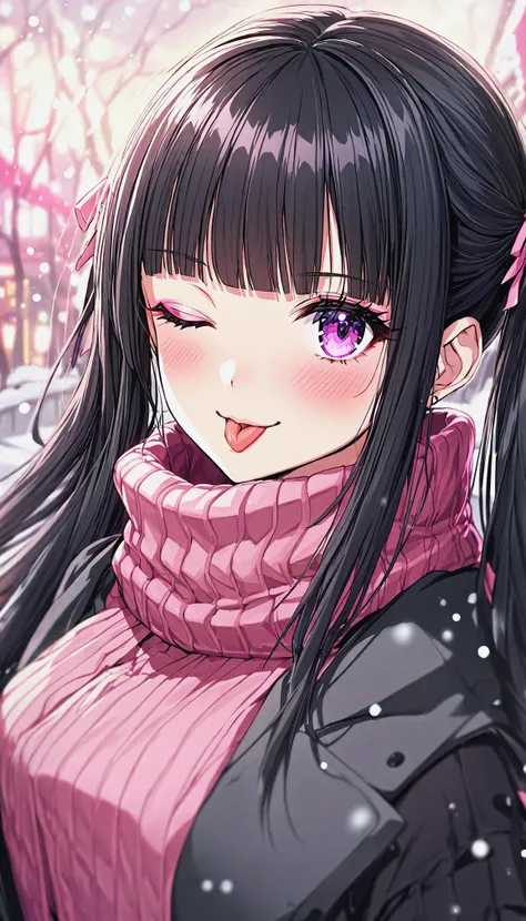 1girl, solo, black long hair, twintails, blunt bangs, pink ribbon, black hair, purple eyes, long eyelashes, red eyeliner,
large breasts, (jirai kei:1.2)
pink scarf,looking at viewer,blush,black and pink theme winter clothes,black coat,blurry,
one eye closed, tongue out, ð
Winter city, snowing,
game cg, absurdres, highres,