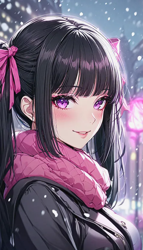 1girl, solo, black long hair, twintails, blunt bangs, pink ribbon, black hair, purple eyes, long eyelashes, red eyeliner,
large breasts, jirai kei
pink scarf,looking at viewer,blush,black and pink theme winter clothes,black coat,blurry,
seductive smile,
Winter city, snowing,
game cg, absurdres, highres,