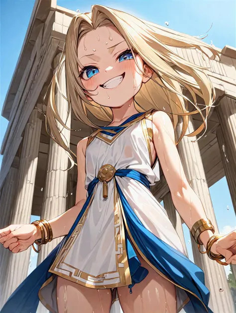 (masterpiece, best quality:1.2) 1girl, solo, slender, small breasts, frow below, smug, smile, teeth, mesugaki, sassy, blonde, long hair, blue eyes, forehead, wet clothes, sidebang, tunic, greek clothes, outdoors, greek temple, gold bracelets, gold anklets