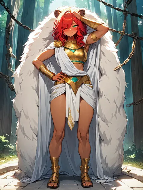 (masterpiece, best quality:1.2) 1girl, solo, red hair, messy hair, curly hair, green eyes, dark skin blushing, smile, ooking at the viewer, standing, hand on the head, lion pelt, one eye closed, blushing, toga, gladiator, loincloth, ancient greece, muscle, partial armor, golden armor, curly arm wrists, chains, outdoors, forest, full body cowboy shot