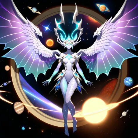 spatial dragon girl, body that glows with an inner light, scales are smooth and iridescent, scales reflecting the colors of the stars, wings are vast and translucent, dragon resembling nebulae:. suns, space, planets, asteroids, girl looks majestic and powerful, like a ruler of the universe.