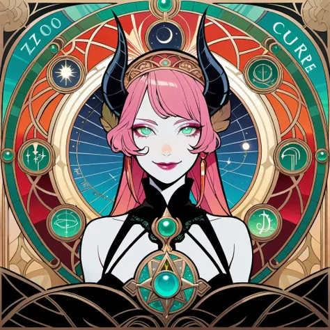 demon girl, black demon horns, head halo, masterpiece by alphonse mucha, smile, pink hair, goth clothes, patterened, green glowing eyes, skimpy, revealing, gems, smug, art deco, rosette, red part, light lipstick, haute couture, laurels, vines, zodiac signs, astrology, feather crest, sunrise, pale skin, wide hips