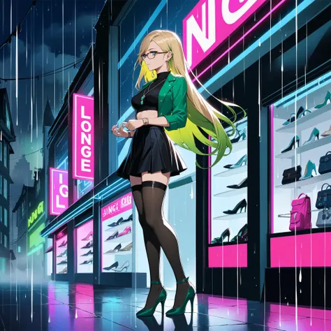 green long hair, blond hair, two-tone hair, medium breasts, glasses, pendant, earings, short jacket, black  skirt, stockings, high heels, raining, night, neonlight in the background, stores in the background, fog in the background, full body view