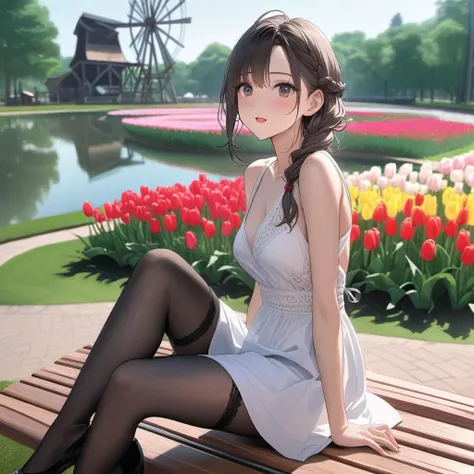 (masterpiece), best quality, expressive eyes, perfect face, red braided hair, public park, sitting on bench, white sundress, medium breasts, black high heels, black stocking, pond in the background, mill in the background, tulips in the background
high detail