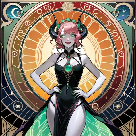 demon girl, black demon horns, head halo, masterpiece by alphonse mucha, smile, pink hair, goth clothes, patterened, green glowing eyes, skimpy, revealing, gems, smug, art deco, rosette, red part, light lipstick, haute couture, laurels, vines, zodiac signs, astrology, feather crest, sunrise, pale skin, wide hips
