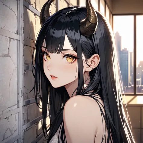 black hair, horns, portrait, bare shoulders, indoors, building, wall, yellow eyes, (lipstick:0.4)