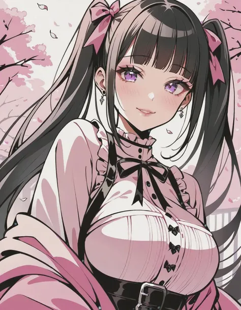 1girl, solo, black long hair, twintails, blunt bangs, pink ribbon, black hair, purple eyes, long eyelashes, red eyeliner, large breasts, (jirai kei:1.2),
looking at viewer,blush,black and pink theme spring clothes, pink cardigan,seductive smile,outdoors, spring city, Cherry Blossom, Petals, Wind,
(very aesthetic, best quality, ultra detailed), intricate details, masterpiece, best quality, absurdres, highres,