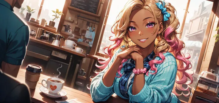 Gyaru in the style of fl0r4lstyl3, (Masterpiece:0.9), best quality, (illustration, very aesthetic:0.95), (ultra detailed), intricate details, dynamic angle, 1 Girl, kawaii smile, Beautiful eyes, gradational hair, (dark skin), cardigan, Shirt, ribbon, navy skirt in plaid skirt, Resting Chin in Hand, coffee shop, Accessories, Scrunchie, (cinematic shadows, Deep Depth Of Field), [(white background:1.2)::0.2], (Indoor background:1.2), <lora:SDXLFaeTastic2400:0.85> <lora:Floral_Watercolour:0.6>