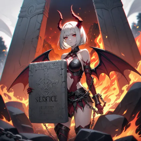 a horned demoness wearing an armored dress is tied down with chains onto a sacrifical stone tablet, her wings tied behind her back, white hair, red eyes, expressionless, bob cut, looking at viewer, standing on cliff, fire in background, medium breasts, chromatic aberration, demon horns