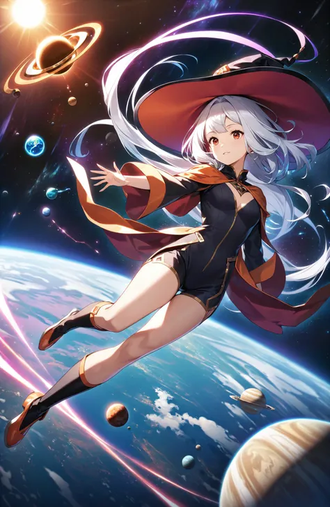 red eyes, 1 girl, white hair, inverted bob, long hair, floating, in space, planet, witch's hat. magical energy, clouds, thighs, holding hat