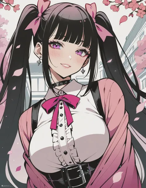 1girl, solo, black long hair, twintails, blunt bangs, pink ribbon, black hair, purple eyes, long eyelashes, red eyeliner, large breasts, (jirai kei:1.2),
looking at viewer,blush,black and pink theme spring clothes, pink cardigan,seductive smile,outdoors, spring city, Cherry Blossom, Petals, Wind,
(very aesthetic, best quality, ultra detailed), intricate details, masterpiece, best quality, absurdres, highres,