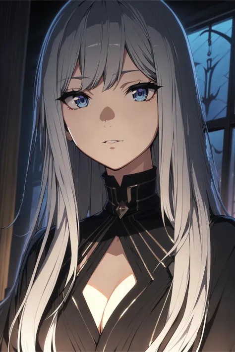 a white haired woman in a black outfit sitting on a bed in a dimly lit room at nighttime with a window and with fox ears, anime art, a character portrait, girl, animal ears, bare shoulders, black dress, blue eyes, breasts, cleavage, cleavage cutout, clothing cutout, dress, indoors, long hair, looking at viewer, medium breasts, on bed, parted lips, round window, sitting, solo, very long hair, window, yokozuwari