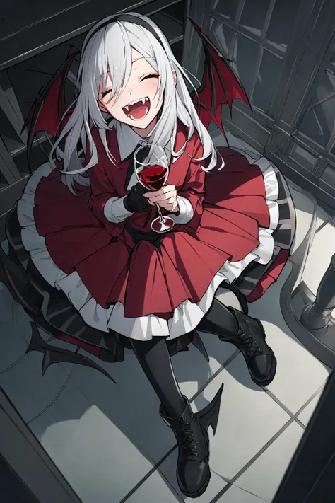 from above, looking at viewer, arms behind back, outflowing hair, vampire, fangs, laugh, closed eyes, open mouth, raised eyebrows, white hair, holding glass of wine, black hairband, sitting, legs crossed, dark theme, indoors, shelf, red dress, long dress, black boots, thighhighs, 1girl