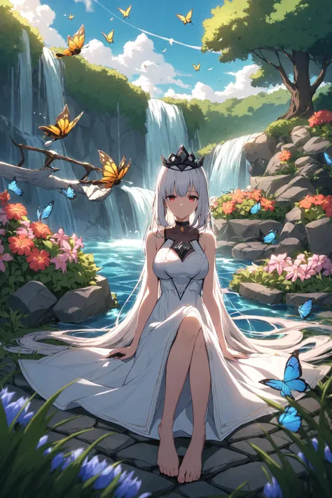 cinematic lighting, blue sky, grass, rock, lake, sitting, expressionless, waterfall, cobblestone, flowers, bush, brushes, trees, butterfly, bee, bird, 1girl, white hair, absurdly long hair, black tiara, red eyes, ((white dress)), sleeveless dress, black thigh-strap, black choker, bare legs, bare feet, (medium breasts:1.3), the girl is sitting at the edge of the lake, holding onto a buquet of flowers