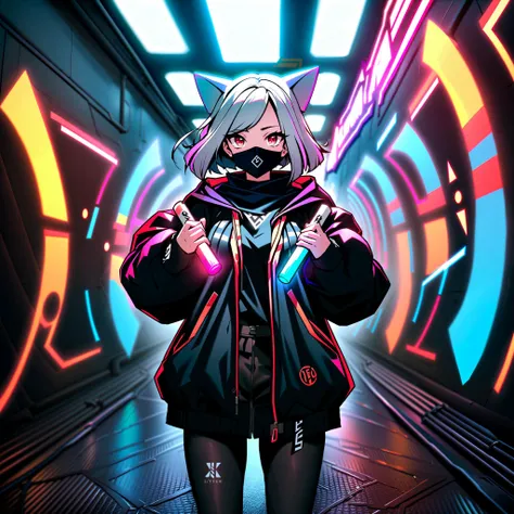 a girl with flowing, long, white hair and red eyes looking at the viewer, she wears a black, open jacket with a colourful shirt underneath, wearing a surgical mask and black pants and holds a glowstick, she is standing in front of a wall full of graffiti and tilts her head, head tilt, dark theme, neon lights, medium breasts, alleyway, ethereal, painting, surgical mask, looking at viewer