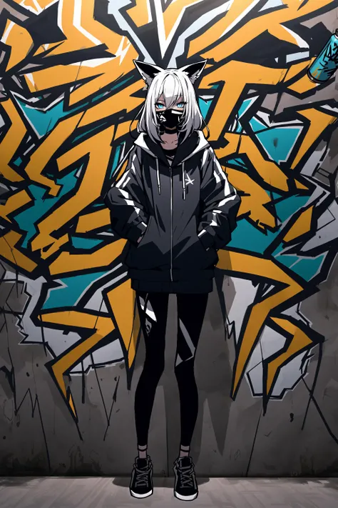 image of a white haired foxgirl with blue eyes, holding a can of spray paint, fox ears, a fox tail, night time, wearing a surgical mask, a black jacket, black pants and, facing the viewer towards the viewer and she is standing next to a wall full of graffiti, her expression is cool and expressionless, portait, midriff peek, toned abs, open jacket, dark theme, (surgical mask:1.2), perfect eyes, dark theme, dim lighting, perfect ass, mysterious