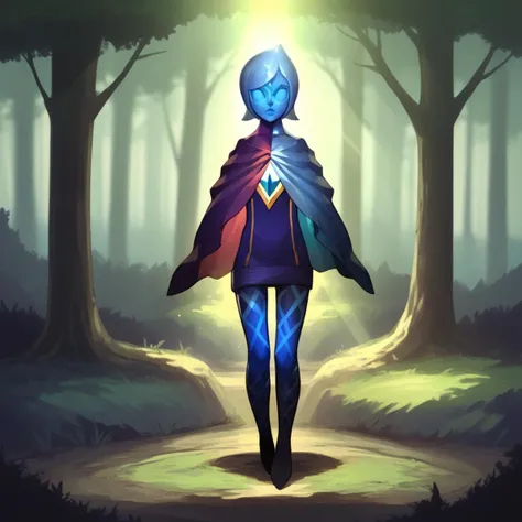 score_8_up, BREAK,  FI , 1girl, solo, short hair,  blue skin,  no eyes, pantyhose, cape,  <lora:FI_SkywardSword_XL_Leaf1v3:1>,  full body,  forest, light rays,