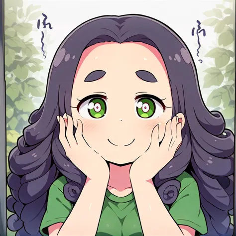 anime, best quality, (masterpiece:1.4), (high quality:1.4), sharp focus, <lora:hyperdenoiser_v090:0.5>, <lora:hyperrefiner_v090:0.5>, <lora:add_detail:1>, 4k, absurd resolution, <lora:sd15_lora_beta:0.7>, <lora:ETO_OC:0.3> ETO-OC, <lora:ETO_OCC006:0.7>, ETO_OCC, (curly hair), (long hair), (black hair), thick eyebrows, 1girl, smiling, mature female, (parted hair), (no bangs), <lora:taremeEyes_v10:0.5>, ah1, solo, (dark olive green eyes), tareme eyes, down-turned eyes, looking at viewer, forehead, <lora:parted_hair_v1.3:0.45>, Hands on the face, peeking through fingers,, Whimsical Tea Party with Talking Animals, Training pants, Running shirt,
