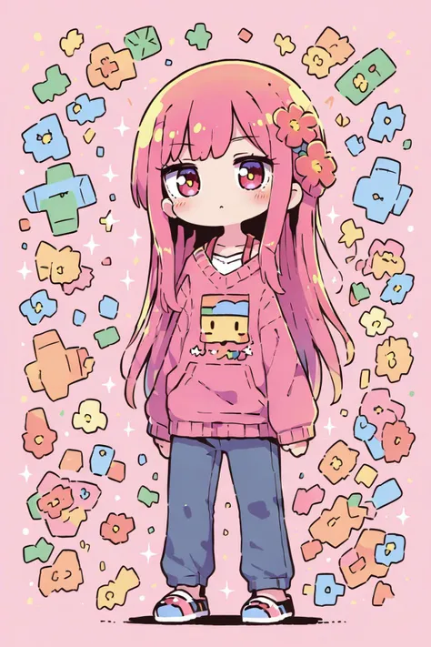 (Masterpiece:0.9), best quality, (illustration, incredibly absurdres:0.95), ultra detailed, solo, 1girl, hair flower, pants, slip-ons, Kawaii, [(Vector graphics background :1.4)::0.2], (Vivid pink sky background:1.4), <lora:Destijl:1>