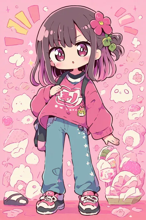 (Masterpiece:0.9), best quality, (illustration, incredibly absurdres:0.95), ultra detailed, solo, 1girl, hair flower, pants, slip-ons, Kawaii, [(Vector graphics background :1.4)::0.2], (Vivid pink sky background:1.4), <lora:cutedoodle_XL:1>