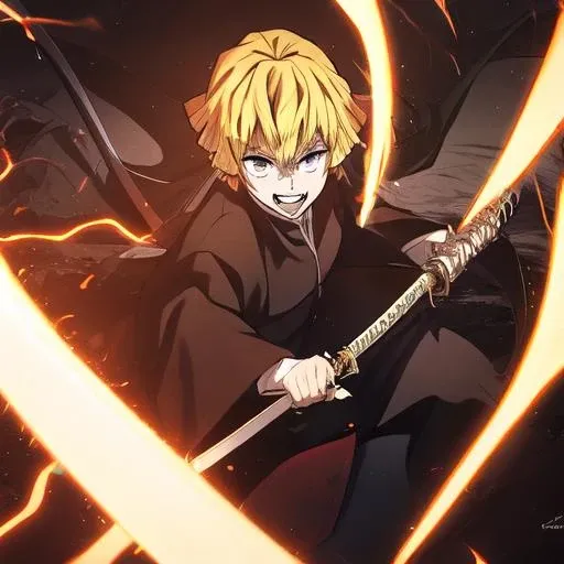 Yellow hair, slayer of demons, white eyes without pupil, katana, vampire fangs, purple electricity, Z3n1tsu,holding a katana, <lora:Z3n1tsu-06:1>