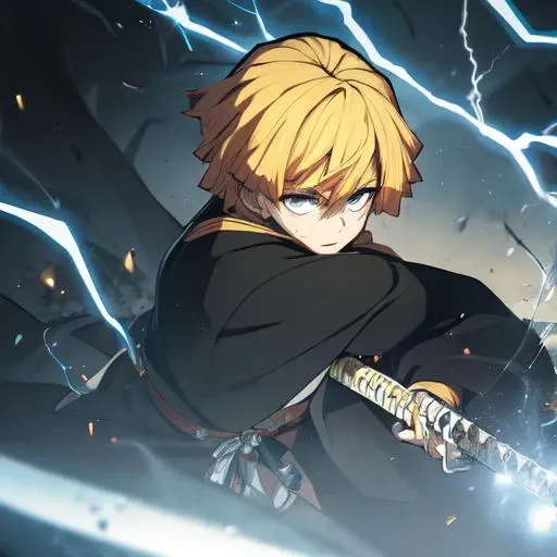 Yellow hair, slayer of demons, white eyes without pupil, katana, electricity, Z3n1tsu,holding a katana, <lora:Z3n1tsu-05:0.8>