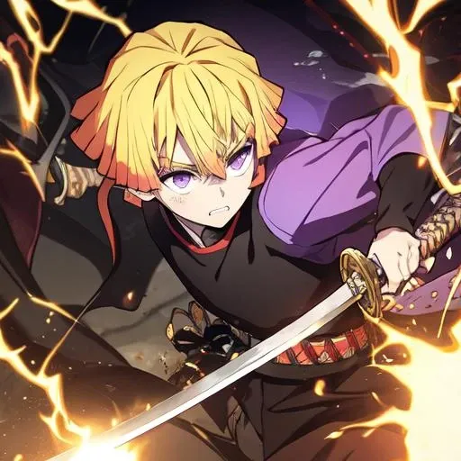 Yellow hair, slayer of demons, white eyes without pupil, katana, purple electricity, Z3n1tsu,holding a katana,  <lora:Z3n1tsu-06:0.8>