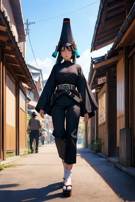 masterpiece, best quality, <lora:yotohime-nvwls-v1-000009:0.8> yoto hime, hat, long sleeves, black t-shirt, belt, pants, cowboy shot, road, japanese architecture, walking