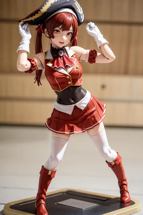 1girl, solo, housho marine, houshouBase, heterochromia, red eyes, yellow eyes, twintails, blush, long hair, hair ribbon, large breasts, white gloves, frilled choker, (red ascot:1.35), leotard, leotard under clothes, off shoulder, bicorne, (red skirt, miniskirt:1.35), leather belt, black thighhighs, (action pose:1.4), (professional anime figure:1.35), posing, (3d render, unreal engine:1.5), (diorama),(extremely good quality, extremely detailed, 20cm, figma:1.35), stand, front view, (masterpiece, best quality:1.5), full body, <lora:HoushouMarineV2LORA-000050:0.7>