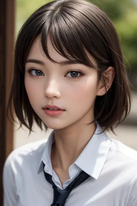 (masterpiece:1.3), (8k, photorealistic, RAW photo, best quality: 1.4), (1girl), beautiful face, (realistic face), (black hair, short hair:1.3), beautiful hairstyle, realistic eyes, beautiful detailed eyes, (realistic skin), beautiful skin, (white collared shirt), (black pleated skirt), (necktie), absurdres, attractive, ultra high res, ultra realistic, highly detailed, golden ratio