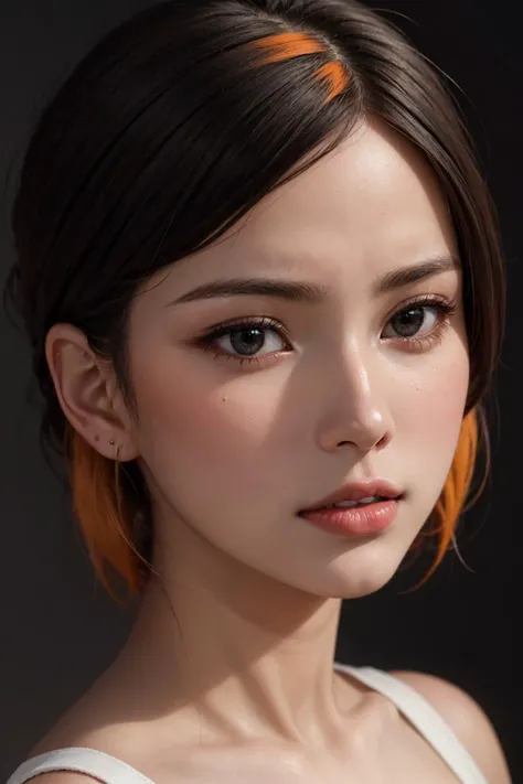1girl, face, woman, bmb-fc, dark, rim lighting, two tone lighting, dimly lit, low key, portrait of woman by Flora Borsi, style by Flora Borsi, bold, bright colours, orange Mohawk haircut, ((Flora Borsi)), <lora:epiNoiseoffset_v2:1>