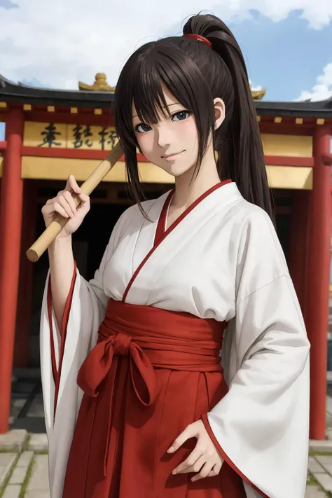 a japanese girl in miko clothes cleaning the entrance of the Temple, black hair, long hair, ponytail, white robe, (red hakama;1.45), straw broom, Tsurugaoka Hachimangu Temple, looking at viewer, smile, posing, (((best quality, masterpiece))),high resolution, extremely detailed, trending on pixiv, masterpiece, cinematic lighting, (anime art style:1.45),