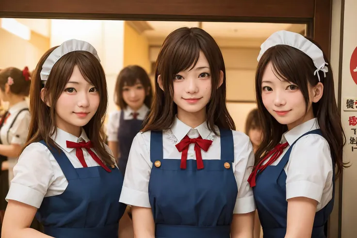 a group of young maids in the entrance of a maid cafe in Akihabara greeting the viewer, (((best quality, masterpiece))), (((extremely detailed))), RAW photo, realistic, cinematic lighting, sweat, best quality, 8k uhd,