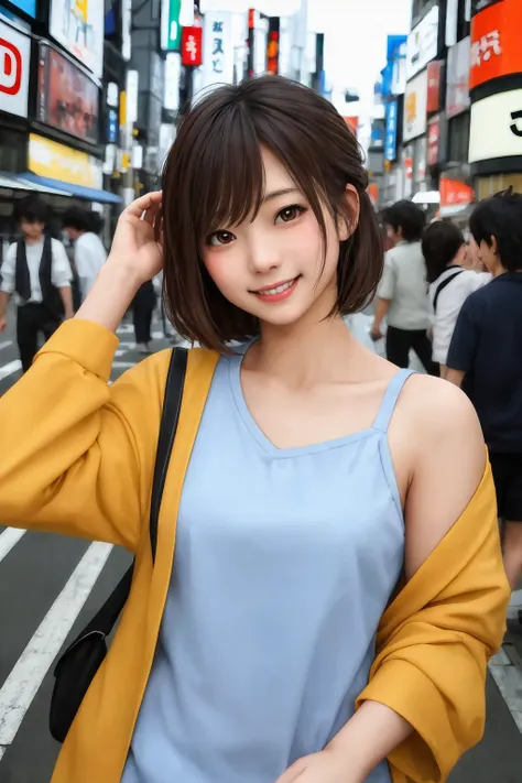 a japanese girl in casual clothes on the streets of Tokyo, looking at viewer, smile, posing, (((best quality, masterpiece))),high resolution, extremely detailed, trending on pixiv, masterpiece, cinematic lighting, anime art style,