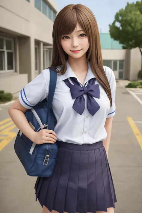 a japanese girl in school uniform, serafuku, blue pleated skirt, school entrance, school bag, looking at viewer, smile, posing, (((best quality, masterpiece))),high resolution, extremely detailed, trending on pixiv, masterpiece, cinematic lighting, anime art style,