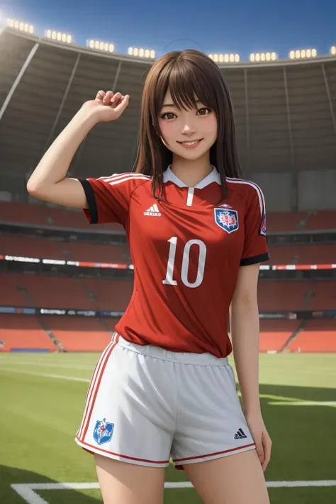 a japanese girl in soccer uniform, stadium, lights, daytime, looking at viewer, smile, posing, (((best quality, masterpiece))),high resolution, extremely detailed, trending on pixiv, masterpiece, cinematic lighting, anime art style,