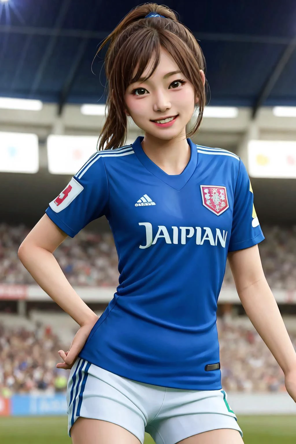 a japanese girl in soccer uniform, wearing soccer uniform, japan national football team, blue shirt, white shorts, stadium, lights, daytime, looking at viewer, smile, posing, (((best quality, masterpiece))),high resolution, extremely detailed, trending on pixiv, masterpiece, cinematic lighting, anime art style, <lora:soccer_uniform:0.5>
