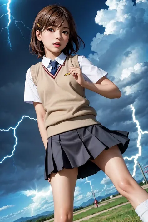 1girl, solo, misaka mikoto, short hair, brown hair, hairclip, brown eyes, school uniform, tokiwadai_school_uniform, white shirt, sweater vest, grey skirt, shorts under skirt, loose socks, shoes, standing, (VFX, biribiri, electricity, lightning, l:1.5), front view, (fish eye, focus on girl:1.35), (masterpiece, best quality:1.5), plain terrain, <lora:aCertainScientificRailgun4in1_v1:0.7>