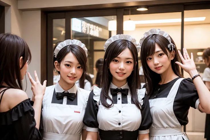 a group of young maids in the entrance of a maid cafe in Akihabara greeting the viewer,  (((best quality, masterpiece))), (((extremely detailed))), RAW photo, realistic, cinematic lighting, best quality, 8k uhd,