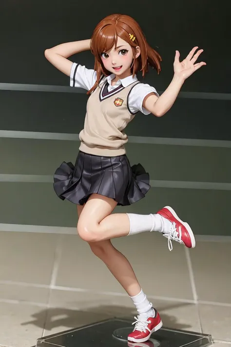 1girl, solo, misaka mikoto, short hair, brown hair, hairclip, brown eyes, school uniform, tokiwadai_school_uniform, white shirt, sweater vest, grey skirt, shorts under skirt, loose socks, shoes, standing, (action pose:1.2),(professional anime figure:1.5), posing, (anime style mouth, :D:1.35), (3d render, unreal engine:1.15), (extremely good quality, extremely detailed, 20cm, figma:1.4), stand, front view, (masterpiece, best quality:1.5), <lora:aCertainScientificRailgun4in1_v1:0.7>