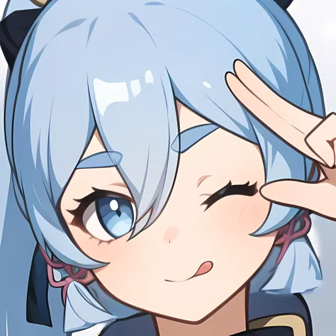 best quality, masterpiec, soft lighting, (look at the viewer), ((Face close up)),
<lora:Genshin_Icon:0.1>,<lora:Genshin_KamisatoAyaka:1.1>, (kamisatoAyaka), buby blue eyes, ice blue hair,
ponytail, (Princess cut), hair ribbon, lighten eyes, one eye closed, eyebrows visible through hair, tongue, tongue out,
salute, two-finger salute, smile, (close mouth), blush, simple background, no word, no text,