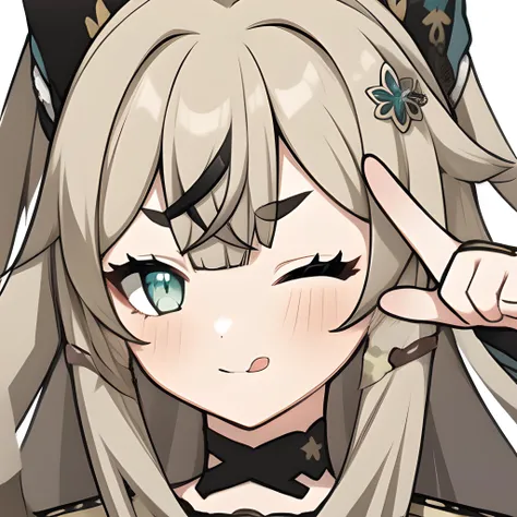 best quality, masterpiec, soft lighting, (look at the viewer), ((Face close up)),
<lora:Genshin_Icon:0.6>,<lora:Genshin_Kirara_AP_v3:0.8>,Genshin, Kirara, 1 girl, solo, detail green eyes,
blonde long hair, hair ornament, hairclip, cat ears, {hair between eyes,},
lighten eyes, one eye closed, eyebrows visible through hair, tongue, tongue out,
(salute), (two-finger salute), smile, (close mouth), blush, simple background, no word, no text,