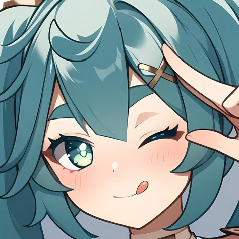 best quality, masterpiec, soft lighting, (look at the viewer), ((Face close up)),
<lora:Genshin Icon:0.5>,<lora:Genshin_Faruzan:0.85>,1girl, solo, hair ornament, green hair, twintails, long hair,
lighten eyes, one eye closed, eyebrows visible through hair, tongue, tongue out,
(salute), (two-finger salute), smile, (close mouth), blush, simple background, no word, no text,