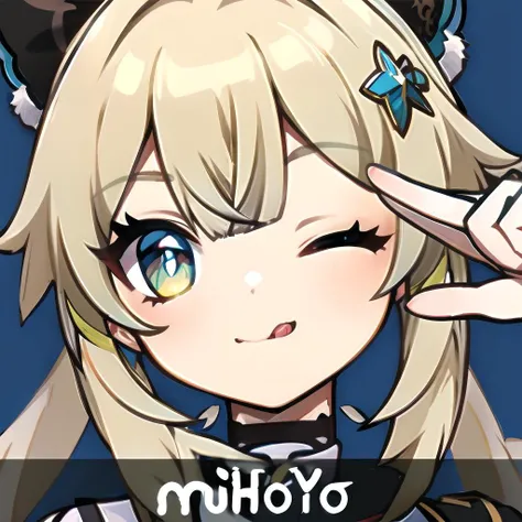 , (8k,  RAW photo, best quality, masterpiece:1.2,ultra-detailed, official art, unity 8k wallpaper),1girl,solo,genshin, looking at viewer, smile, simple background, one eye closed, tongue, tongue out, close-up, salute, two-finger salute,  beautiful detailed eyes, beautiful detailed hair, (kirara),