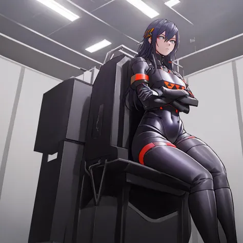((masterpiece, best quality, detailed absuredres, Falke, Falke_Signalis)), bodysuit, yellow bodysuit, red bodysuit, (two tone bodysuit), (sitting on chair, girl, chair, sitting, bedroom), crossed arms, looking at viewer, highres, (solo, from below), arms_crossed, frown, looking down, no feet, derlict space station, ruined space station interior <lora:Falke:0.7>