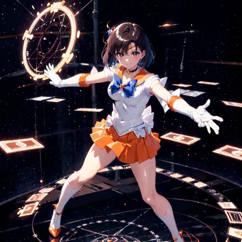 1girl extremely detailed, high quality, masterpiece, animation girl, full body standing:1.2, (teen school girl:1.2), dark brown short bob cut,white high socks:1.5,orange skirt:1.7,sailor venus,sv1:1.2,sailor senshi uniform, elbow gloves, Tiara on the forehead, orange sailor collar:1.3, orange choker, white gloves, jewelry,orange high heels:1.5,<lora:sailor_senshi_uniform-1.0:0.65>, <lora:sailor_venus_v2:0.3>, dynamic effect,effect is shiny transform scene henshin, gravure poses,light smile, zentangle magic circle in background, kawaii summoning effect, hentai eroge HCG, subtle ambient glow,<lora:flat2:0.75>,<lora:deluster2:-0.6>,<lora:hairdetailer:0.5>,