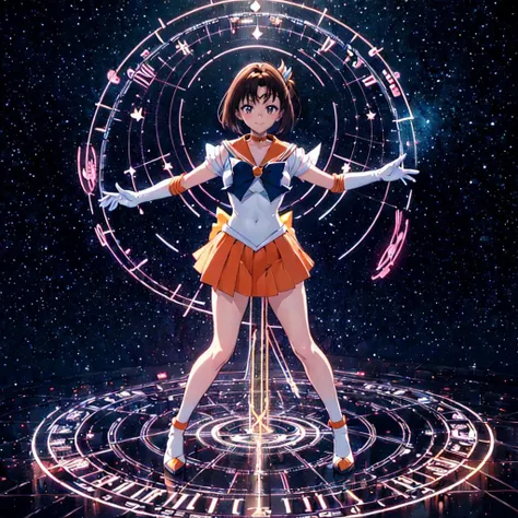 1girl extremely detailed, high quality, masterpiece, animation girl, full body standing:1.2, (:1.2), dark brown short bob cut,white high socks:1.5,orange skirt:1.7,sailor venus,sv1:1.2,sailor senshi uniform, elbow gloves, Tiara on the forehead, orange sailor collar:1.3, orange choker, white gloves, jewelry,orange high heels:1.5,<lora:sailor_senshi_uniform-1.0:0.65>, <lora:sailor_venus_v2:0.3>, dynamic effect,effect is shiny transform scene henshin, gravure poses,light smile, zentangle magic circle in background, kawaii summoning effect, hentai eroge HCG, subtle ambient glow,<lora:flat2:0.75>,<lora:deluster2:-0.9>,<lora:hairdetailer:0.5>,